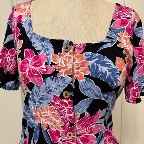 ROXY Hawaiian Floral Print Square Neck Button Down Mini Women's Dress Medium - Picture 4 of 7